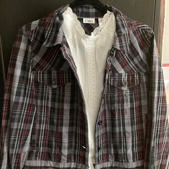 CATO Plaid Jean Jacket | SZ Medium. Black/Red/White Plaid Collared Jacket. - Picture 3 of 12